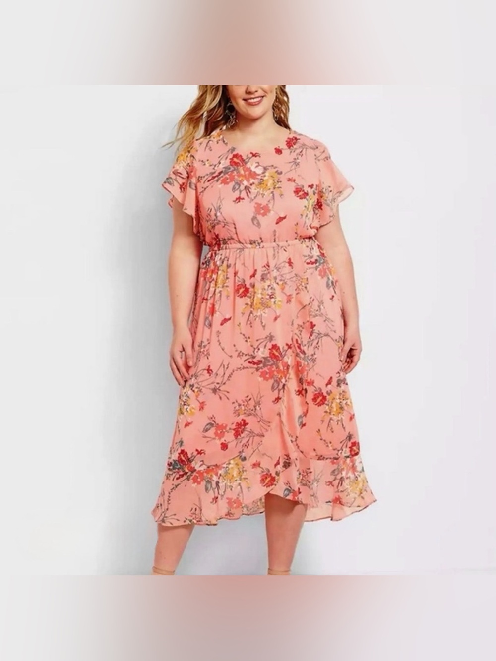 🆕 Lane Bryant Pink Floral Ruffle Midi Dress